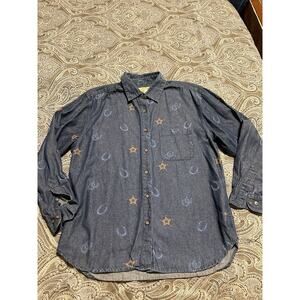 Bit & Bridle Denim Blue Western Horseshoe Shirt Jean Button Up Rodeo L